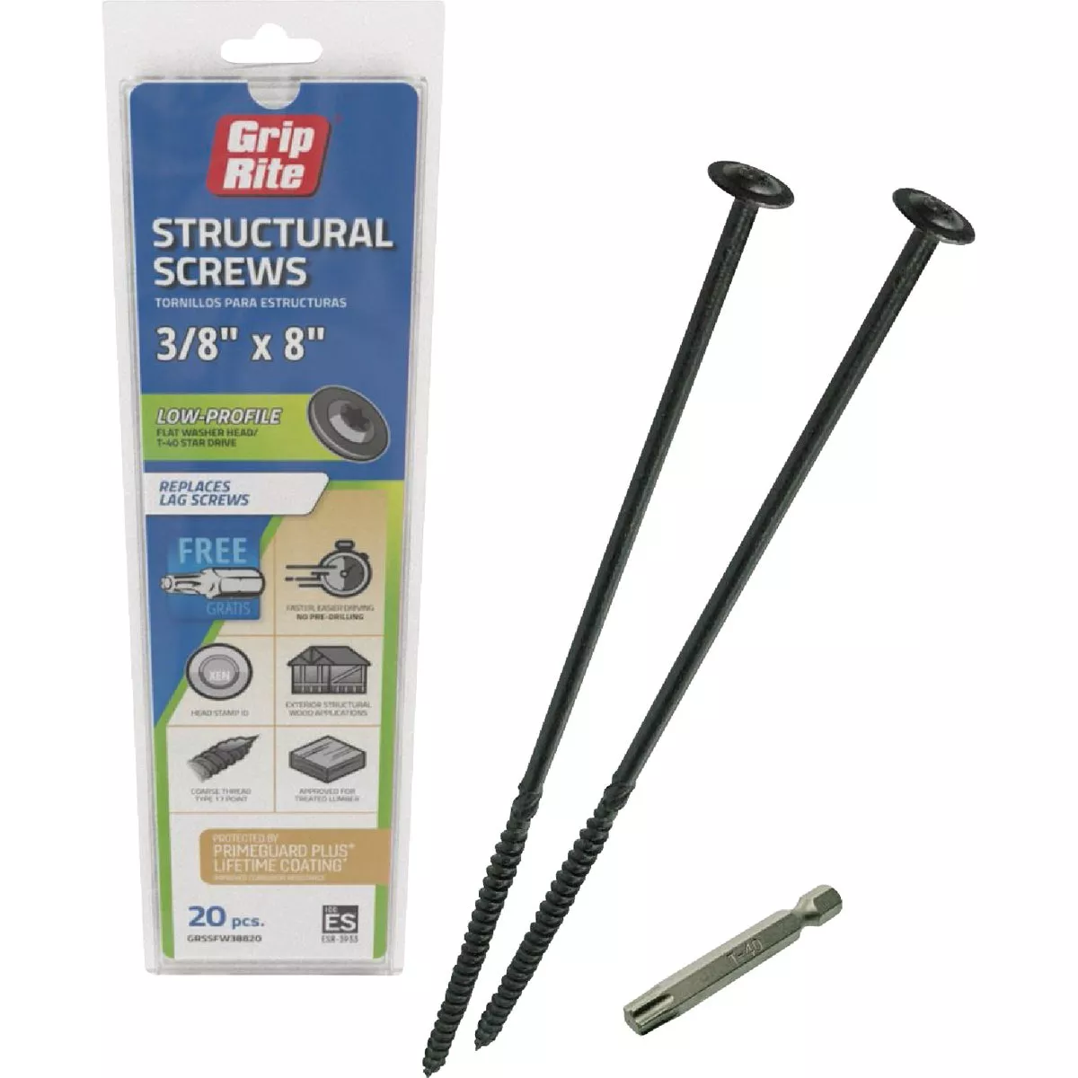 Grip-Rite PrimeGuard Plus 3/8 In. x 8 In. Flat Washer Head Structure Screw (20-Count)