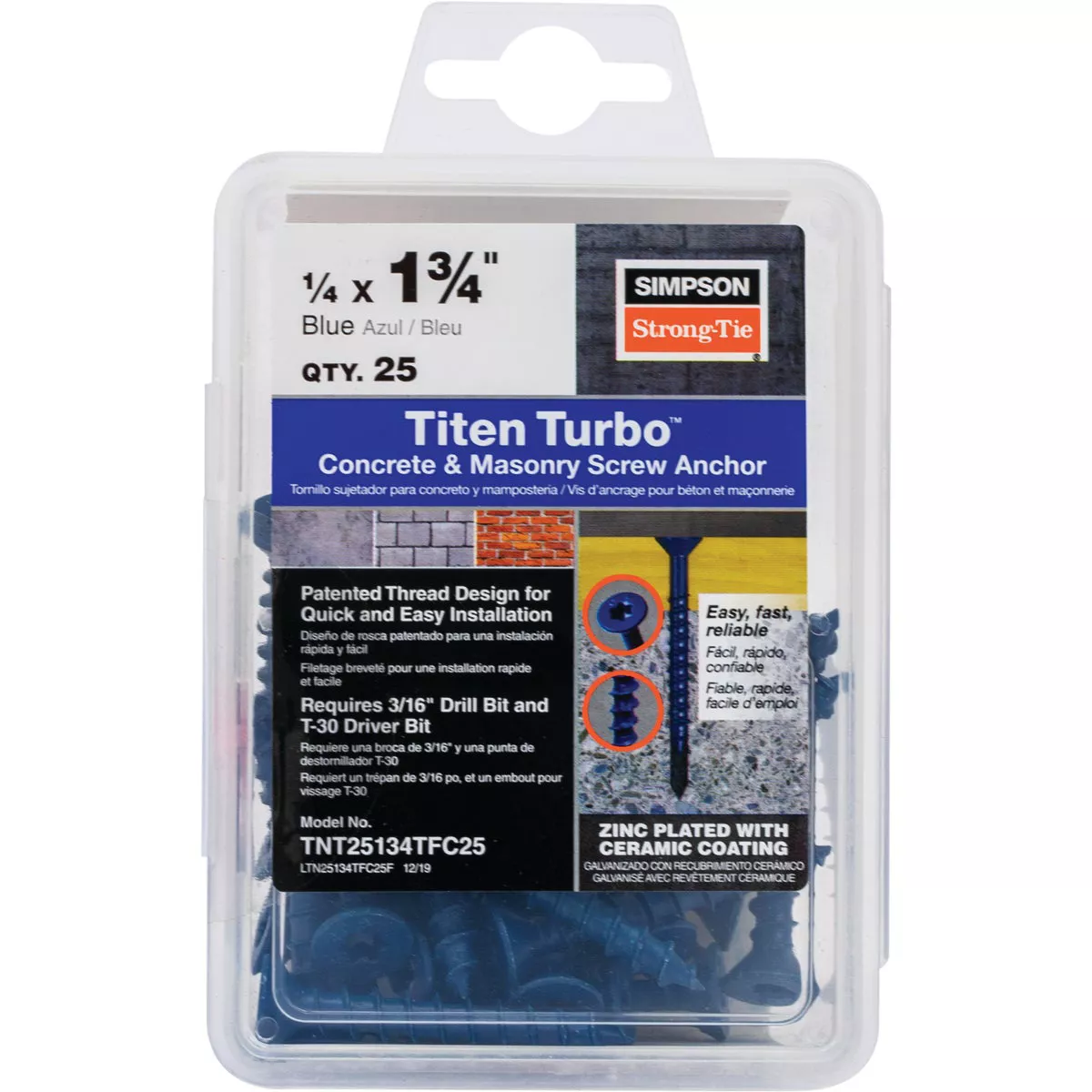 Simpson Strong-Tie Titen Turbo 1/4 In. x 1-3/4 In. T25 Flat-Head Concrete and Masonry Screw, Blue (25 Ct.)