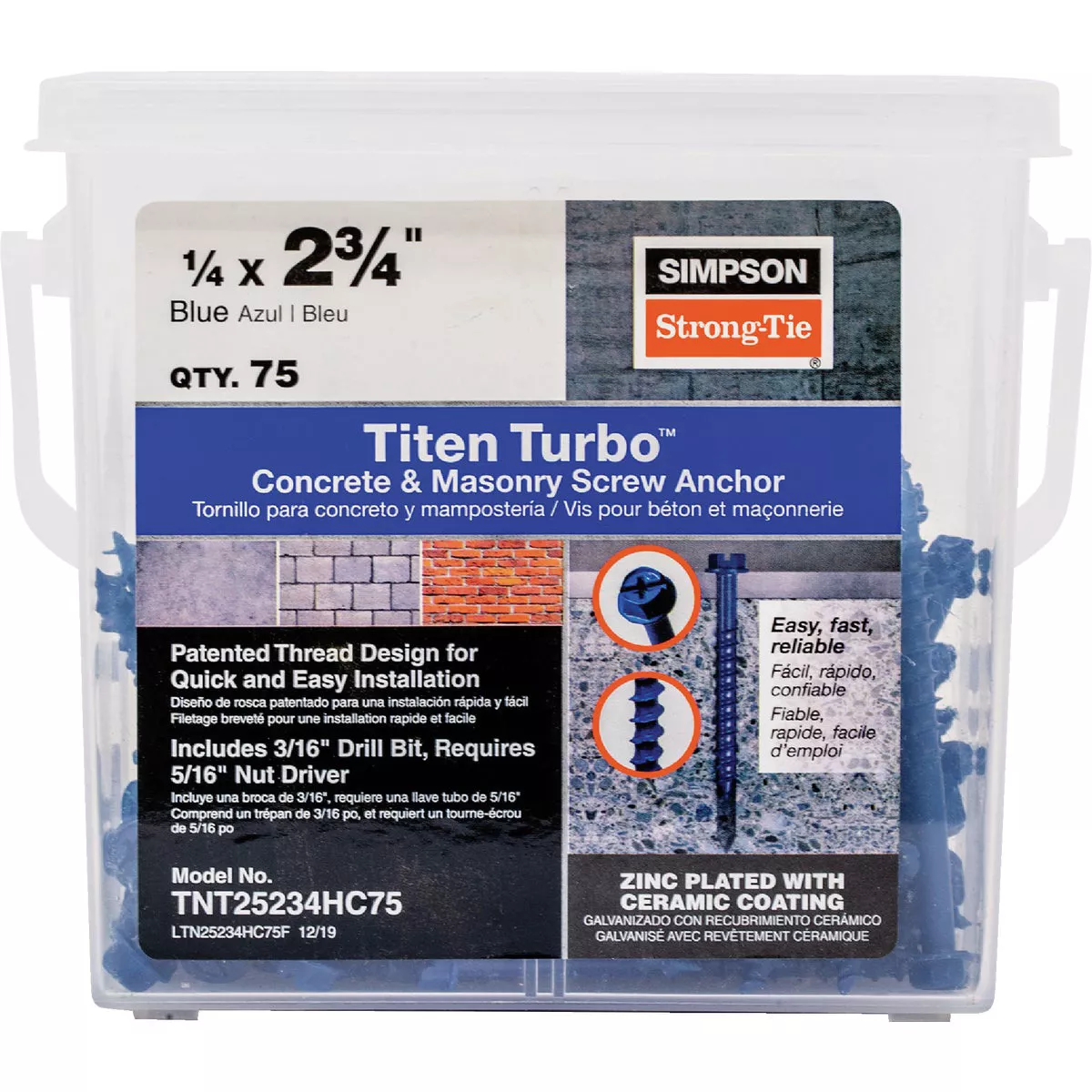 Simpson Strong-Tie Titen Turbo 1/4 In. x 2-3/4 In. Hex-Head Concrete and Masonry Screw, Blue (75-Count) - photo 2