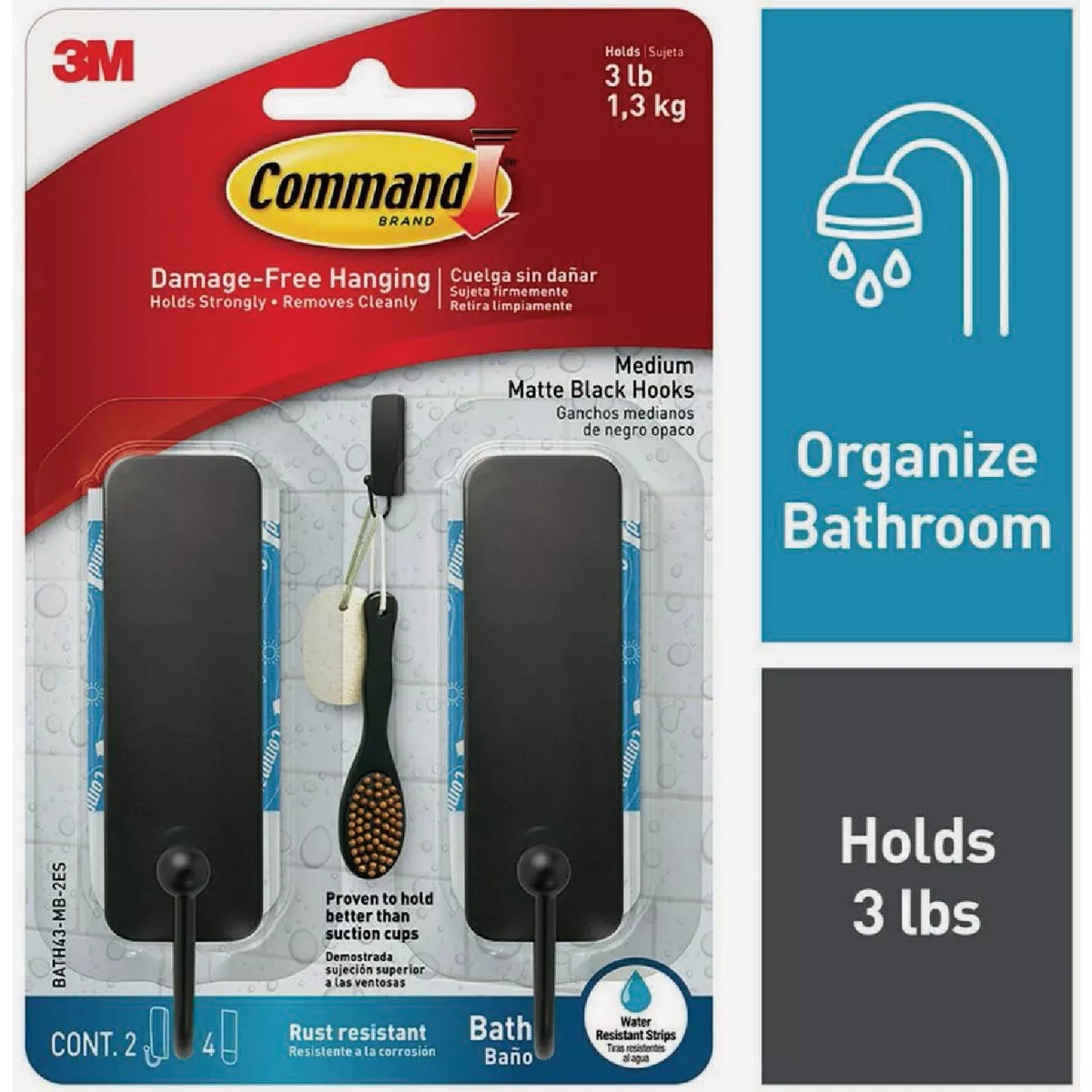 Command Medium Bath Hooks, Matte Black, 2 Hooks, 4 Strips