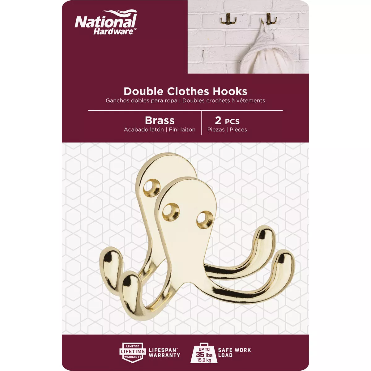 National Hardware Brass Double Clothes Hook (2-Pack) - photo 2