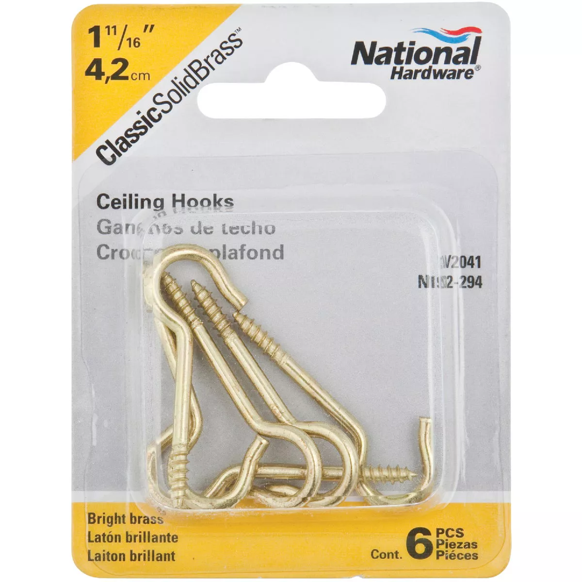 National #12 Solid Brass Ceiling Hook (6-Pack)