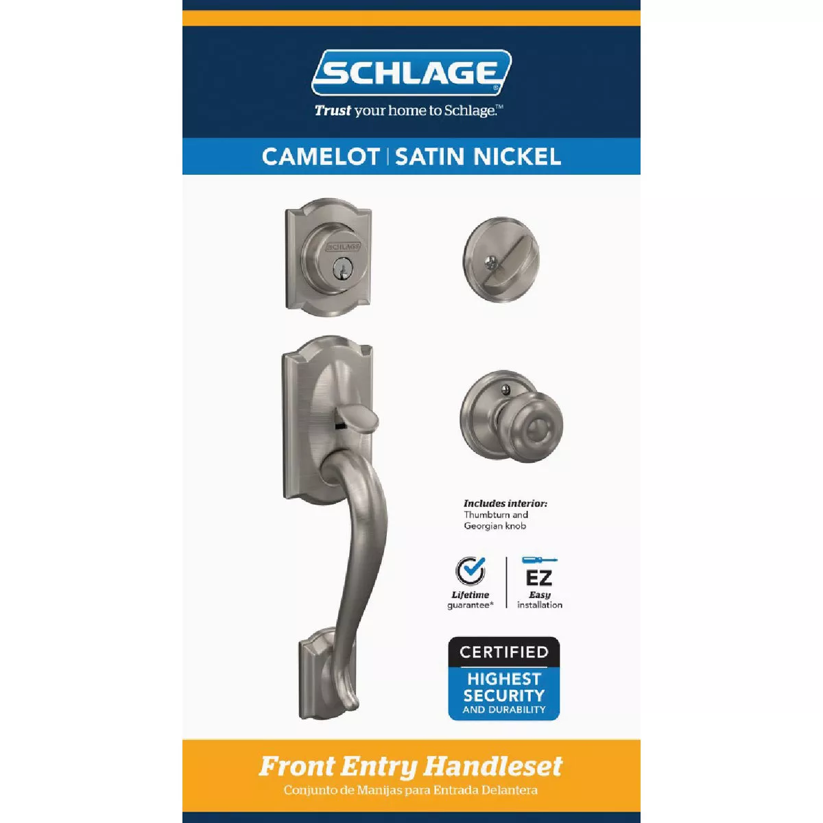 Schlage Camelot Satin Nickel Entry Door Handleset with Single Cylinder Deadbolt & Georgian Knob - photo 2