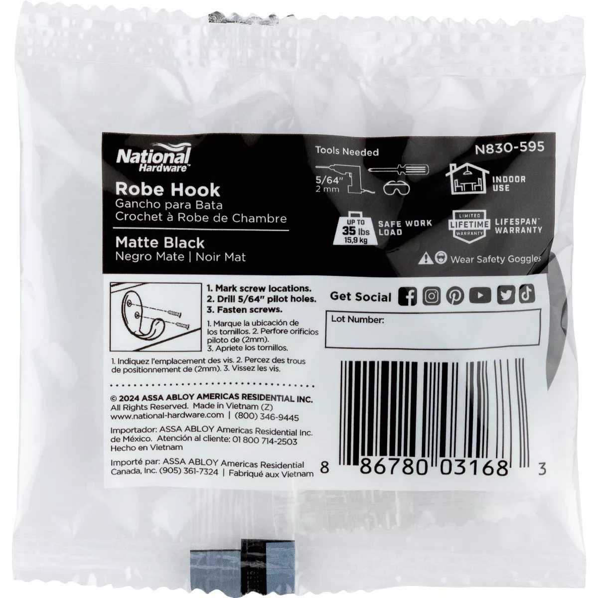 National Hardware Matte Black Robe Hook - photo 2