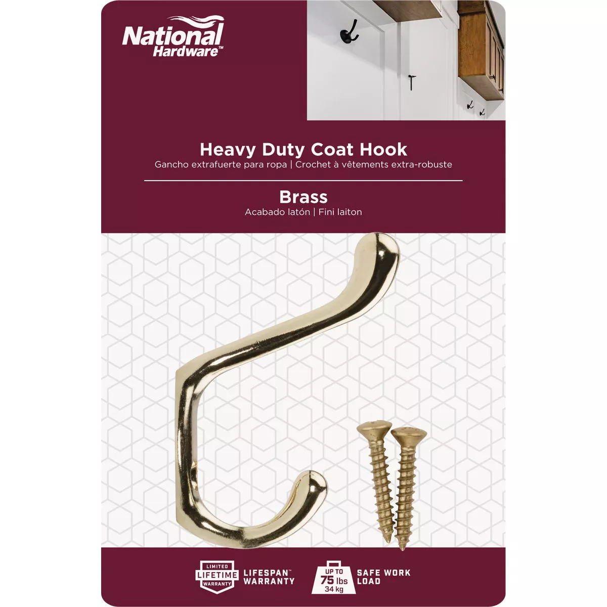 National Hardware Heavy-Duty Bright Brass Wardrobe Hook - photo 2