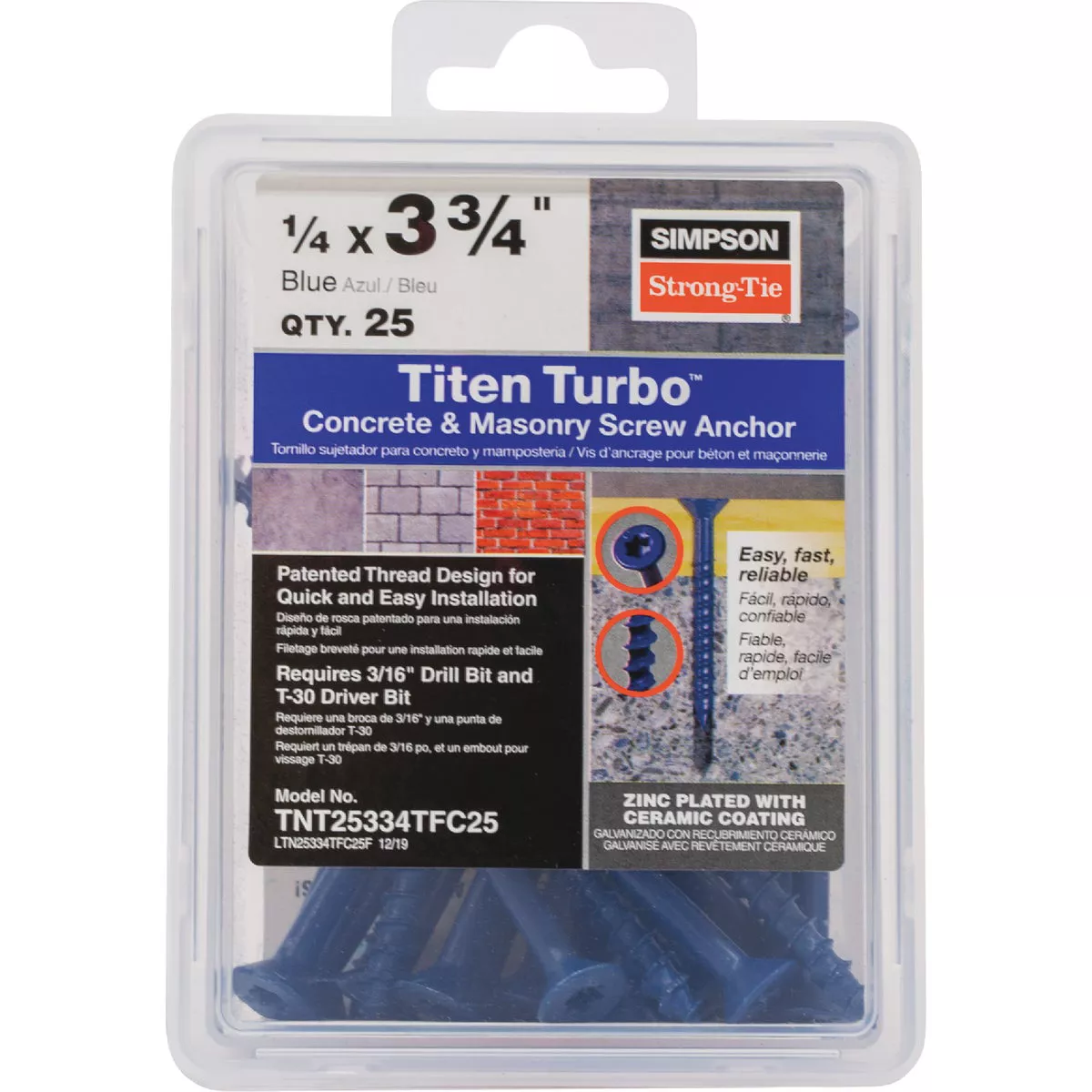 Simpson Strong-Tie Titen Turbo 1/4 In. x 3-3/4 In. T25 Flat-Head Concrete and Masonry Screw, Blue (25 Ct.)