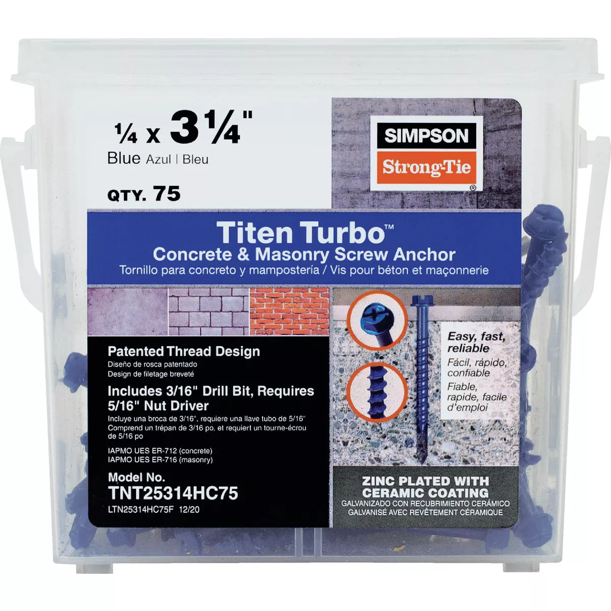 Simpson Strong-Tie Titen Turbo 1/4 In. x 3-1/4 In. Hex-Head Concrete and Masonry Screw, Blue (75-Count) - photo 2