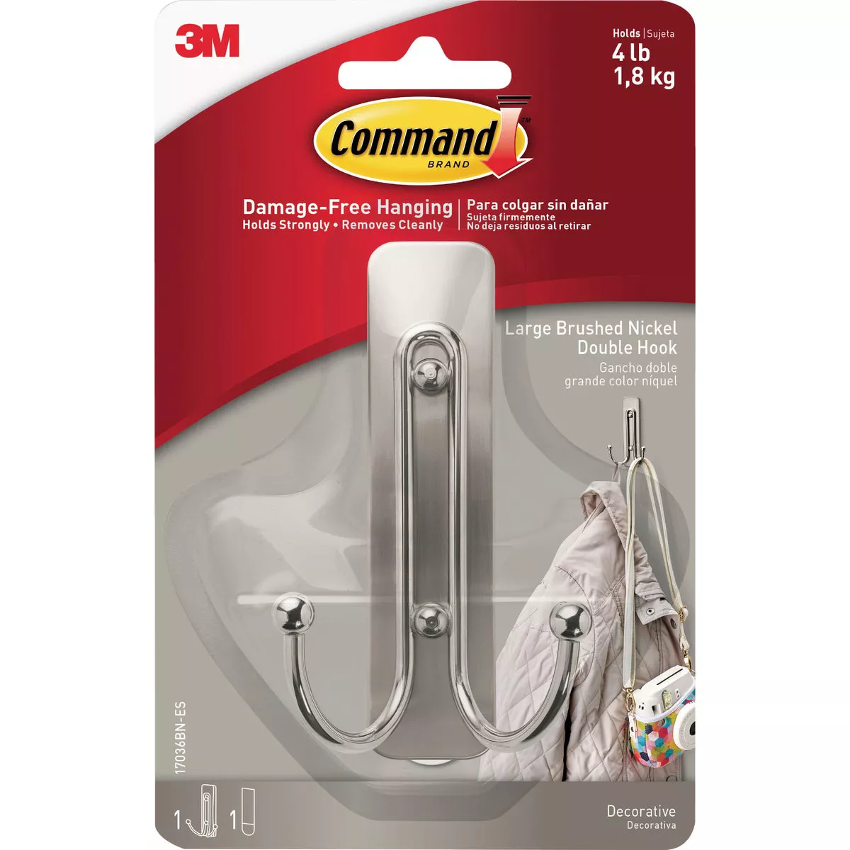 Command Large Decorative Double Hook, Brushed Nickel, 1 Hook, 1 Strip
