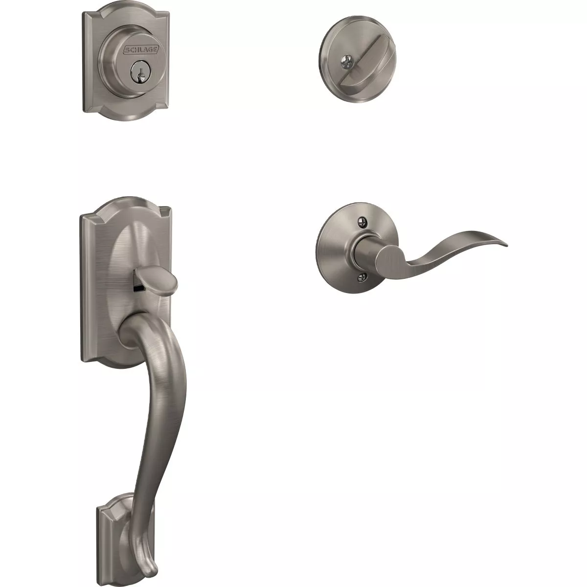 Schlage Camelot Satin Nickel Handleset with Single Cylinder Deadbolt & Accent Lever, Right Handed