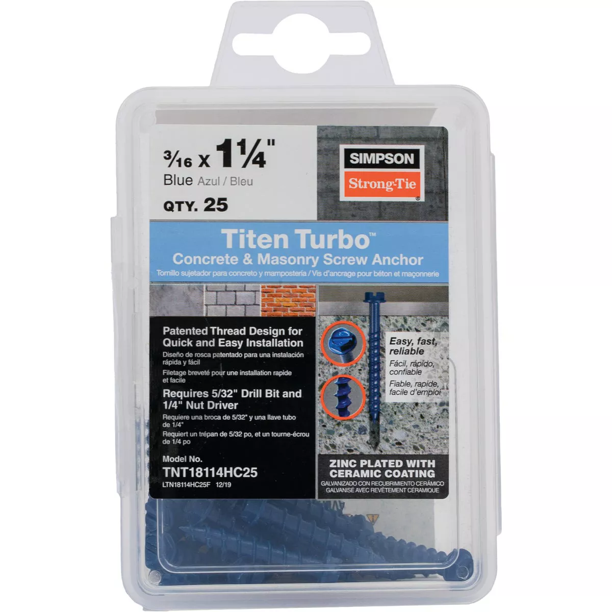 Simpson Strong-Tie Titen Turbo 3/16 In. x 1-1/4 In. Hex-Head Concrete and Masonry Screw, Blue (25 Ct.)