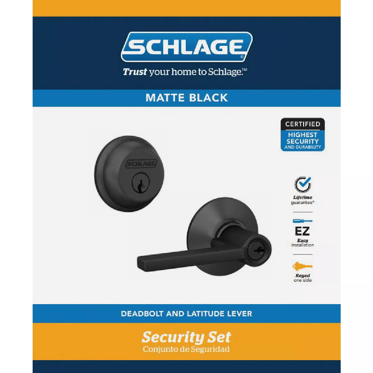 Schlage Matte Black Single Cylinder Deadbolt & Keyed Entry Latitude Lever Combo - photo 2