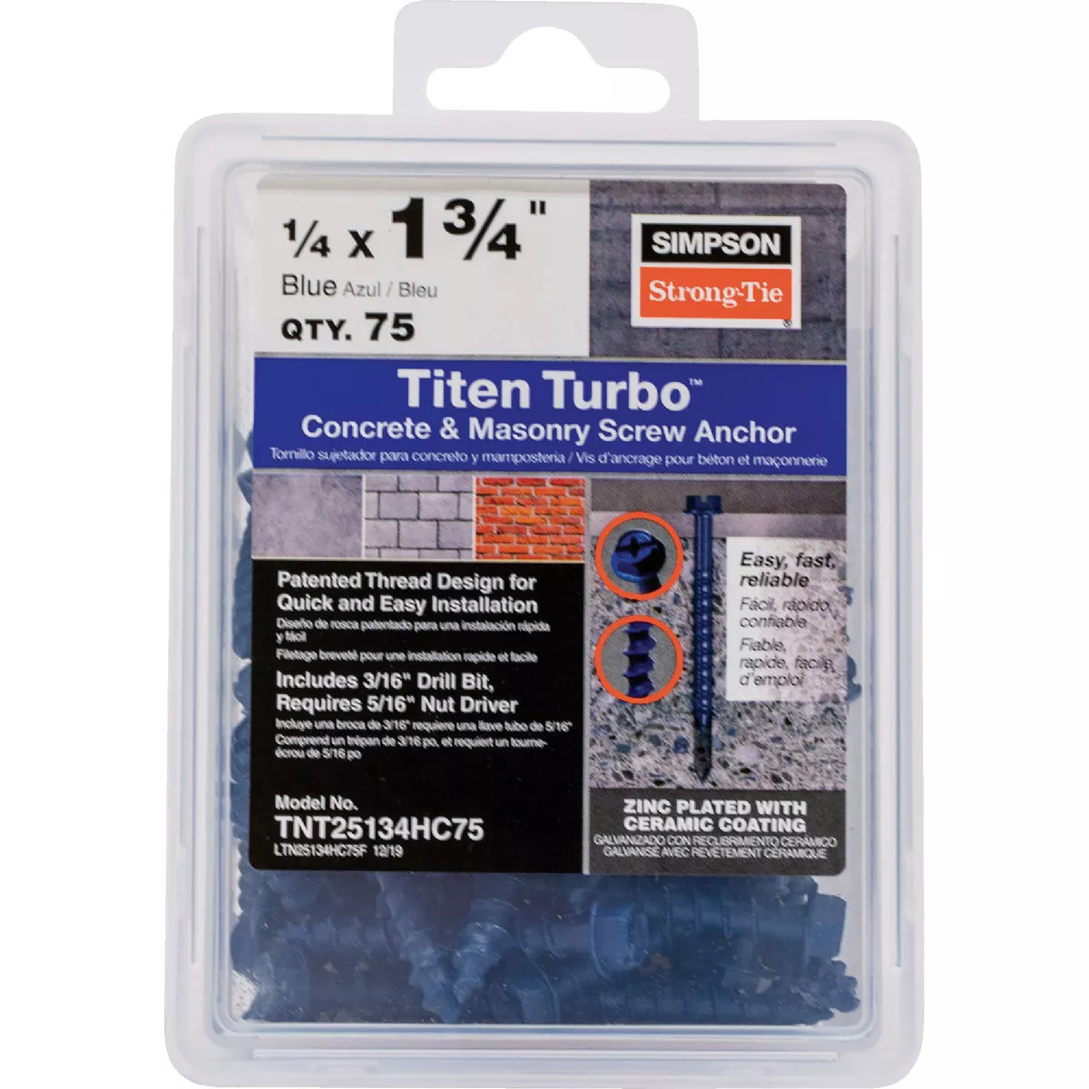Simpson Strong-Tie Titen Turbo 1/4 In. x 1-3/4 In. Hex-Head Concrete and Masonry Screw, Blue (75-Count) - photo 2