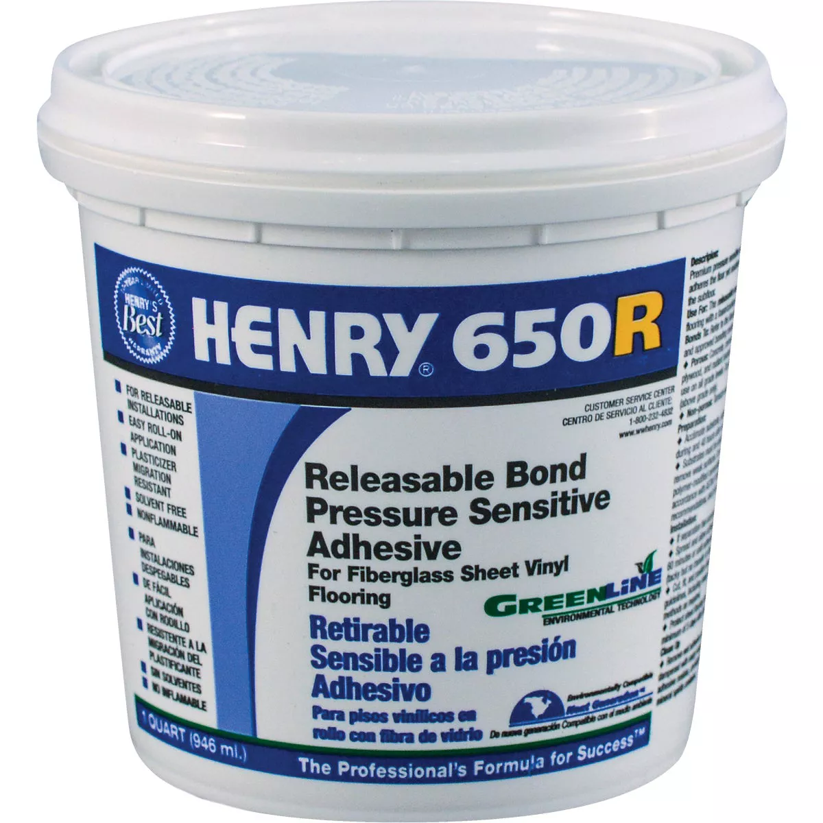 Henry Releasable Bond Pressure Sensitive Fiberglass Sheet Vinyl Floor Adhesive, 1 Qt.