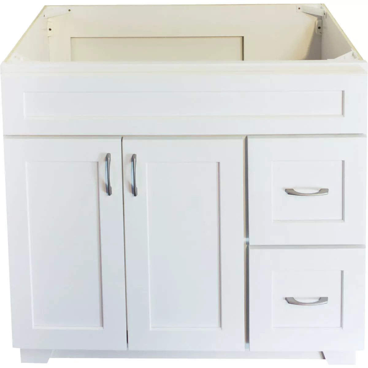 CraftMark Shaker Retreat White 36 In. W x 34 In. H x 21 In. D Vanity Base without Top, 2 Door/2 Drawer