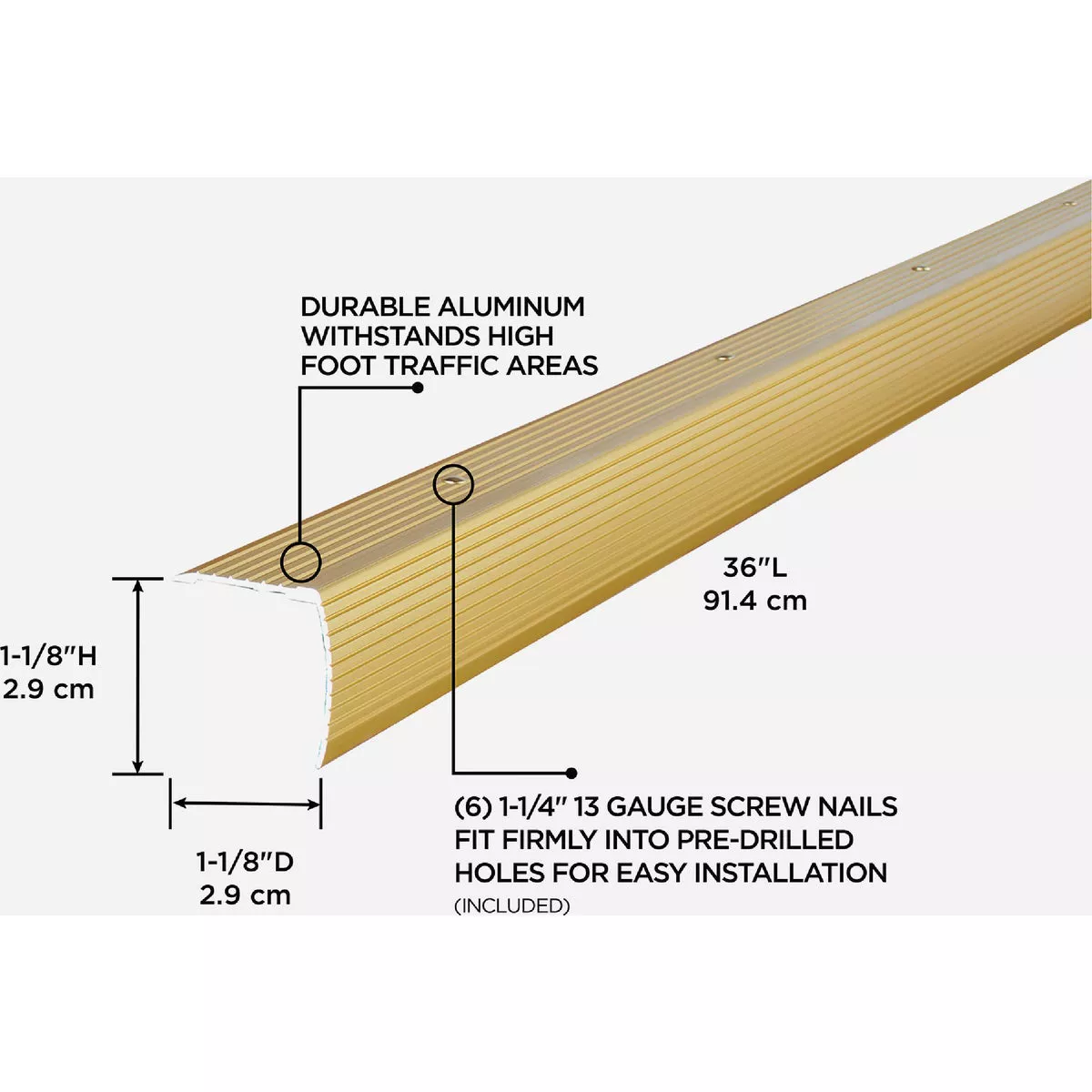 M-D Building Products 1-1/8 In. X 1-1/8 In. X 36 In. Satin Brass Aluminum Stair Edging w/ Screw Nails - photo 4