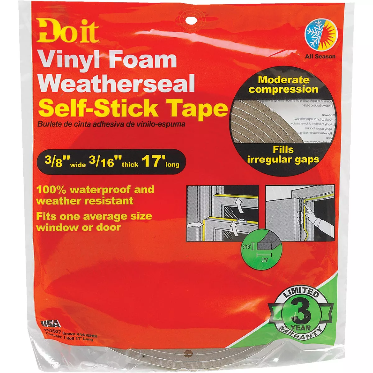 Do it 3/8 In. W x 3/16 In. T x 17 Ft. L Brown Vinyl Foam Weatherstrip Tape - photo 2