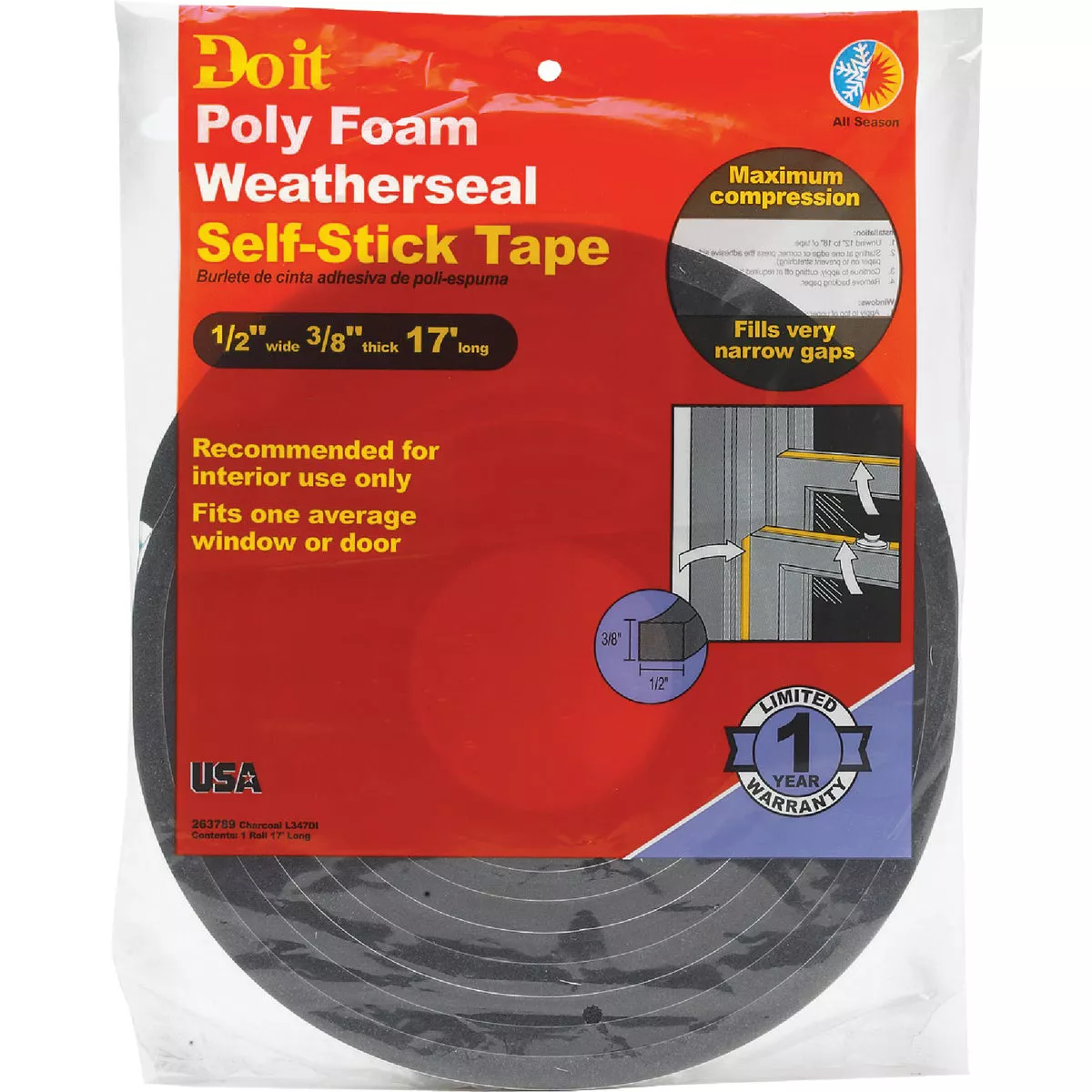 Do it 1/2 In. W x 3/8 In. T. x 17 Ft. L Charcoal Poly Foam Weatherstrip Tape - photo 2