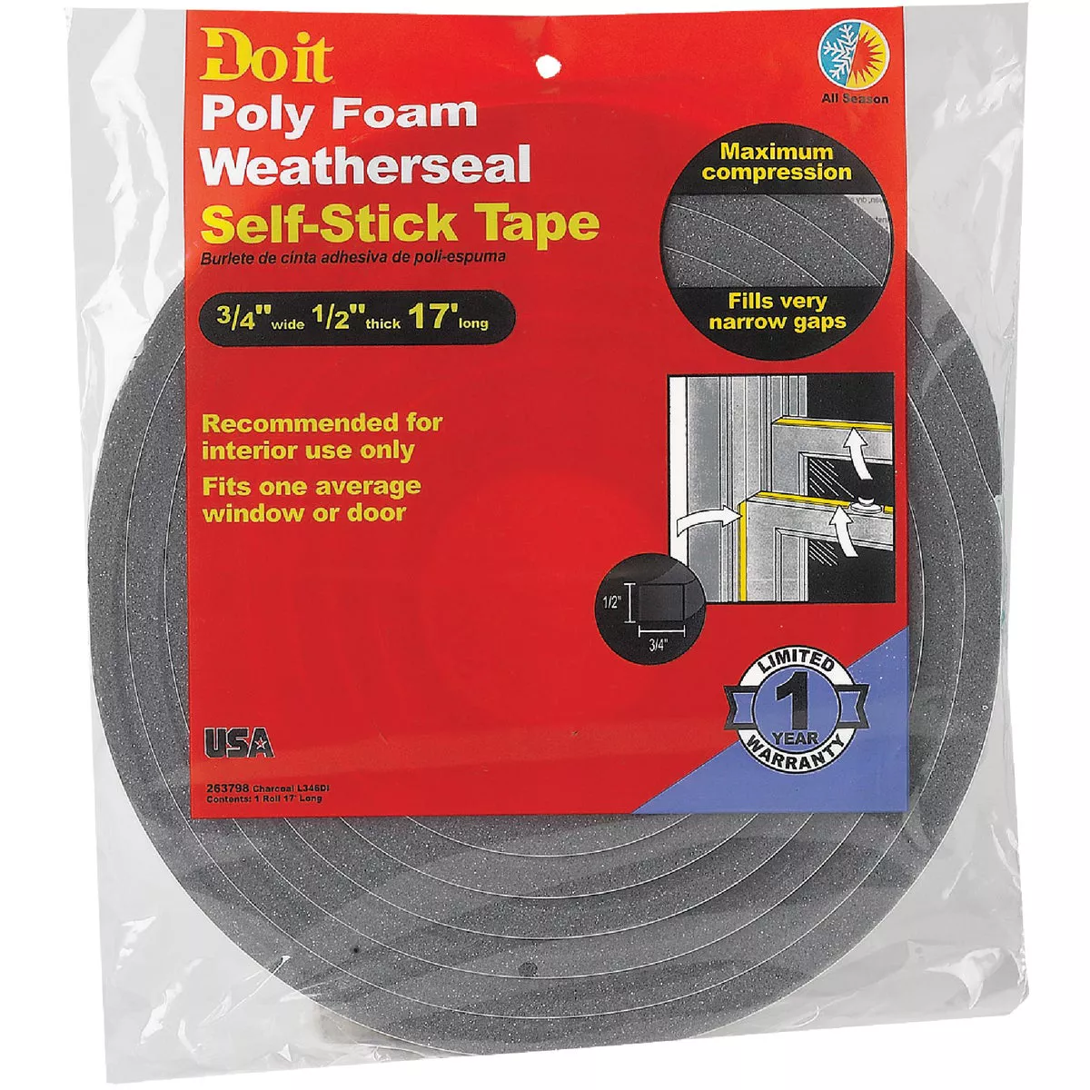 Do it 3/4 In. W x 1/2 In. T x 17 Ft. L Charcoal Poly Foam Weatherstrip Tape - photo 2