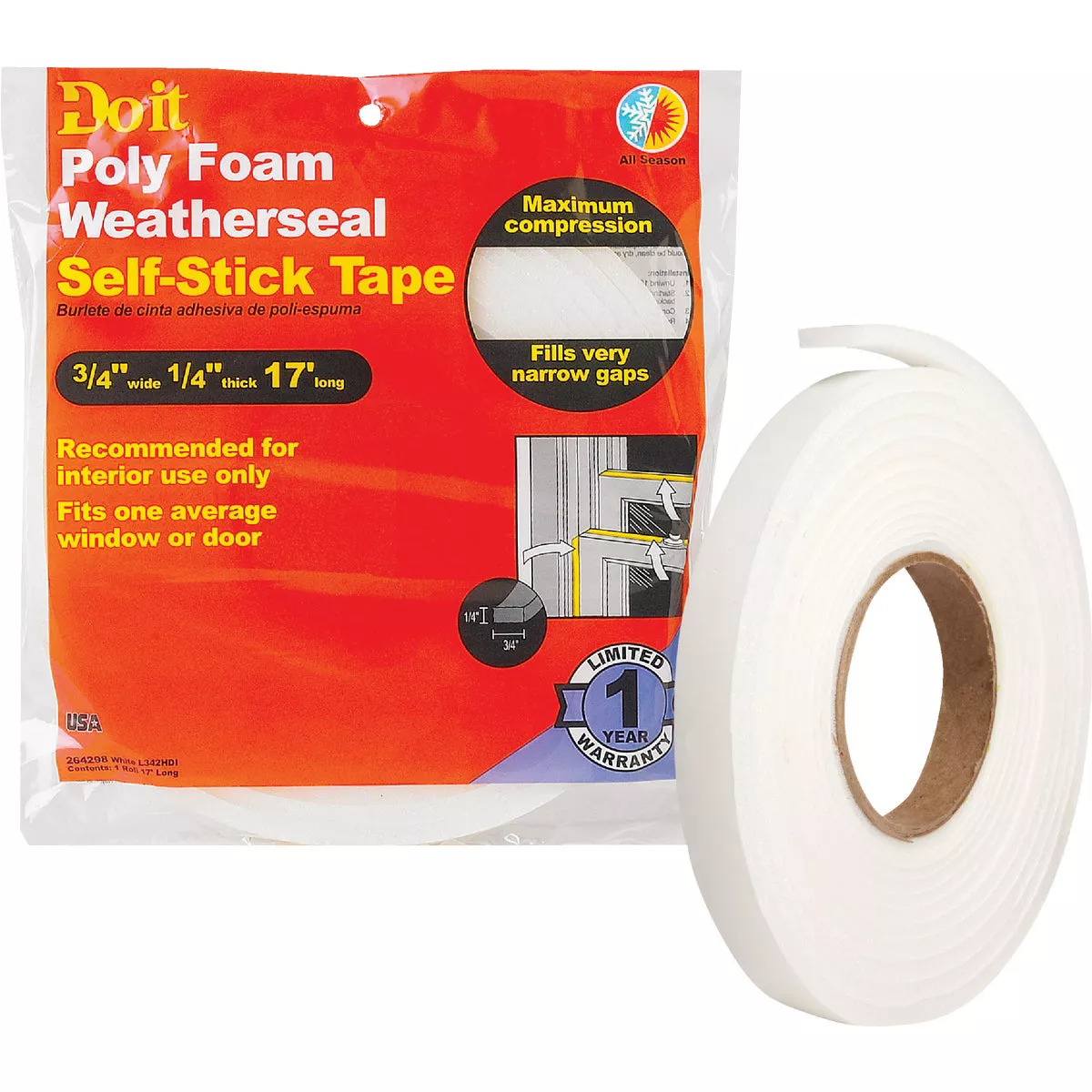Do it 3/4 In. W. 1/4 In. T x 17 Ft. L White Poly Foam Weatherstrip Tape