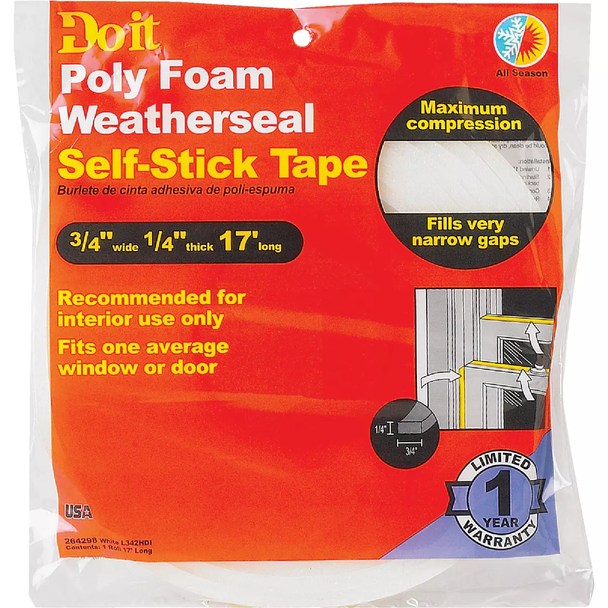 Do it 3/4 In. W. 1/4 In. T x 17 Ft. L White Poly Foam Weatherstrip Tape - photo 2