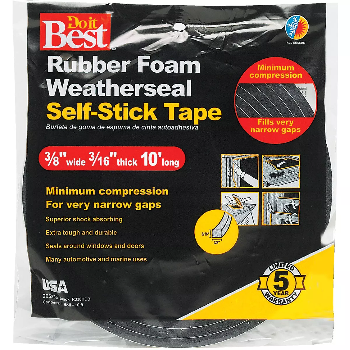 Do it Best 3/8 In. x W 3/16 In. T x 10 Ft. L Black Rubber Foam Weatherstrip Tape - photo 2