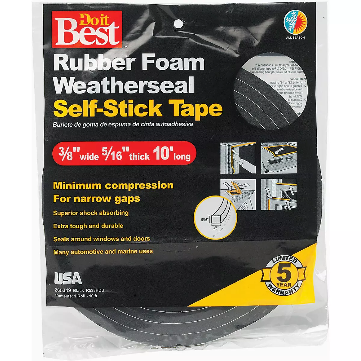 Do it Best 3/8 In. x 5/15 In. T x 10 Ft. L Black Rubber Foam Weatherstrip Tape - photo 2