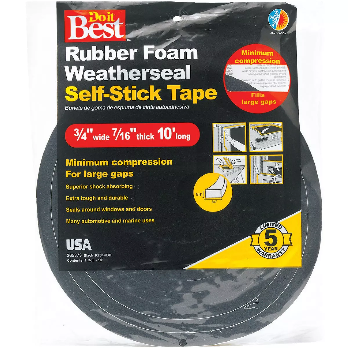 Do it Best 3/4 In. W x 7/16 In. T x 10 Ft. L Black Rubber Foam Weatherstrip Tape - photo 2