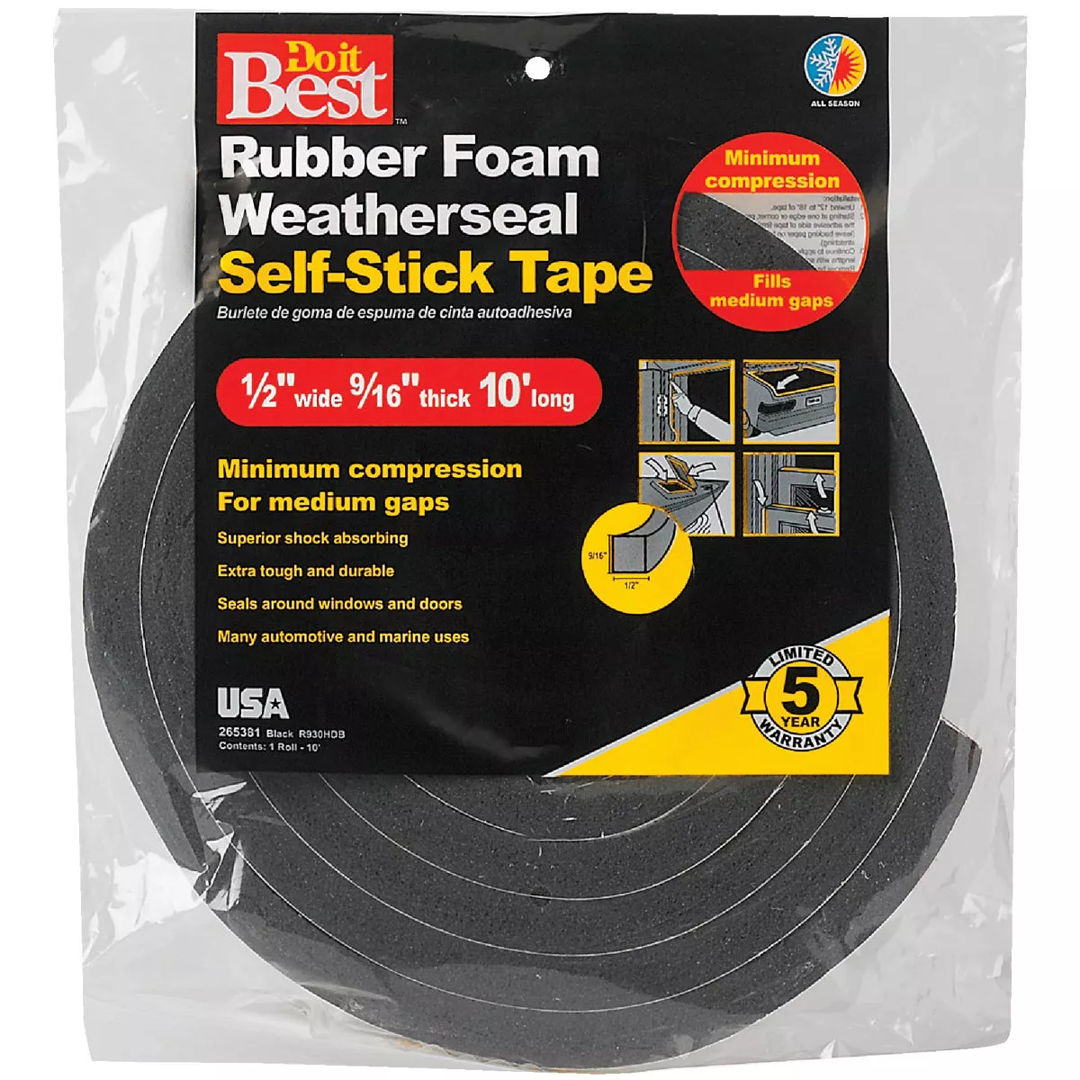 Do it Best 1/2 In. W x 9/16 In. T x 10 Ft. L Black Rubber Foam Weatherstrip Tape - photo 2