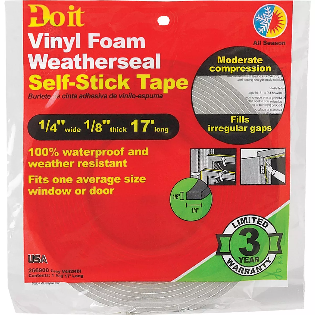 Do it 1/4 In. W x 1/8 In. T x 17 Ft. L Gray Vinyl Foam Weatherstrip Tape - photo 2