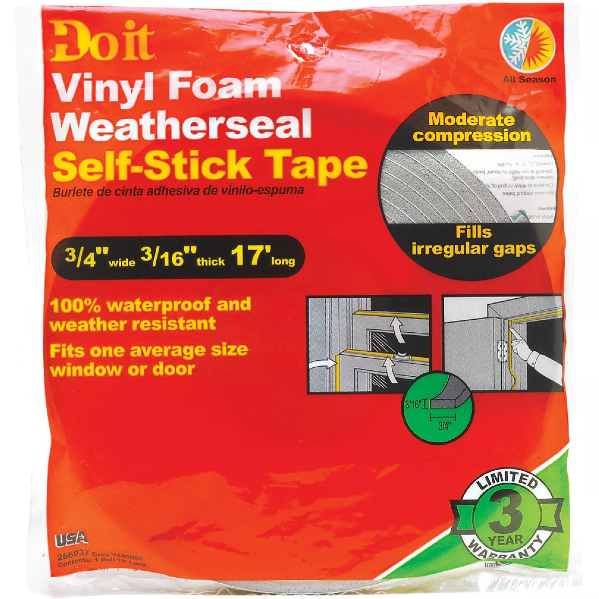 Do it 3/4 In. W x 3/16 In. T x 17 Ft. L Gray Vinyl Foam Weatherstrip Tape - photo 2