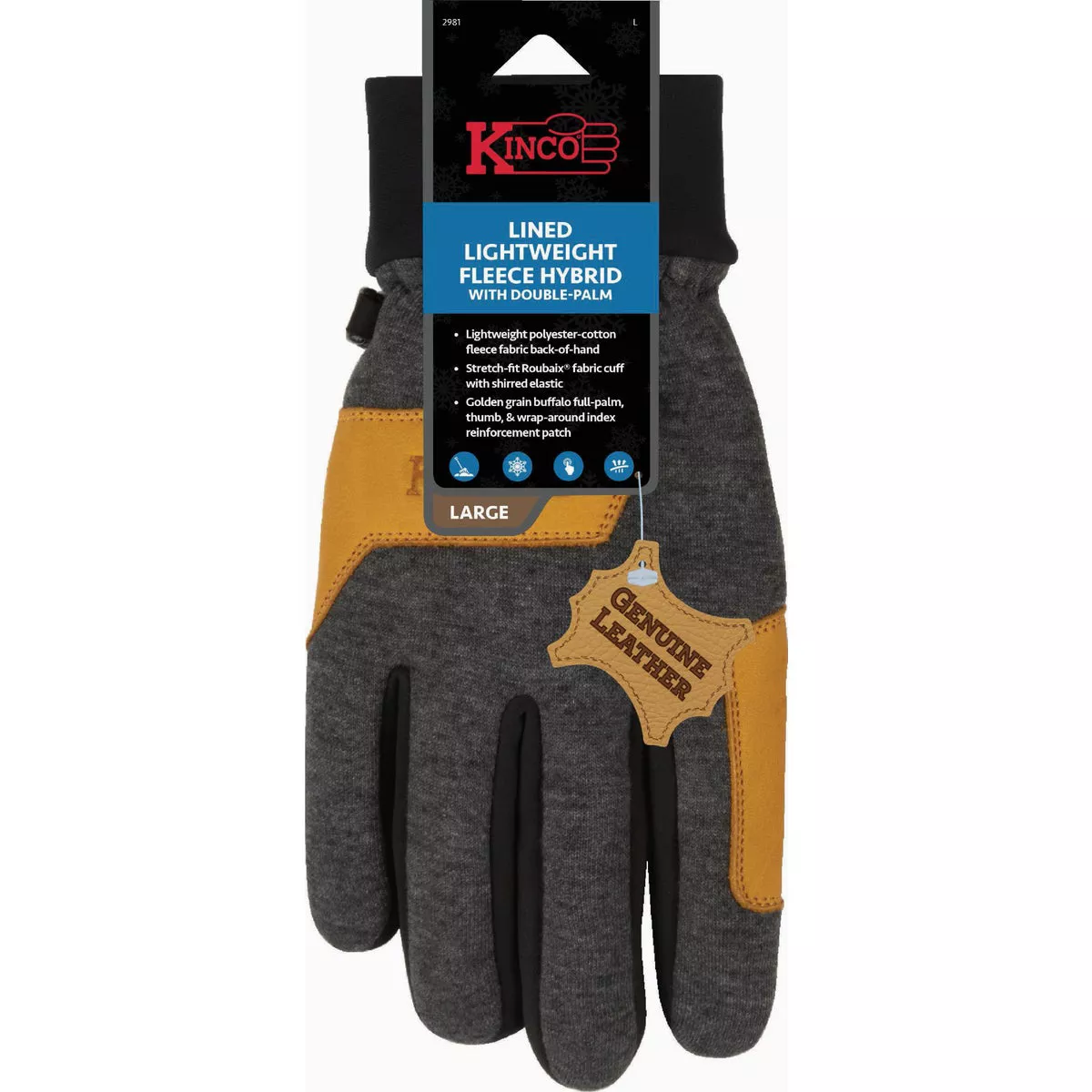 Kinco Men's Medium Lined Lightweight Fleece Hybrid Glove with Double-Palm