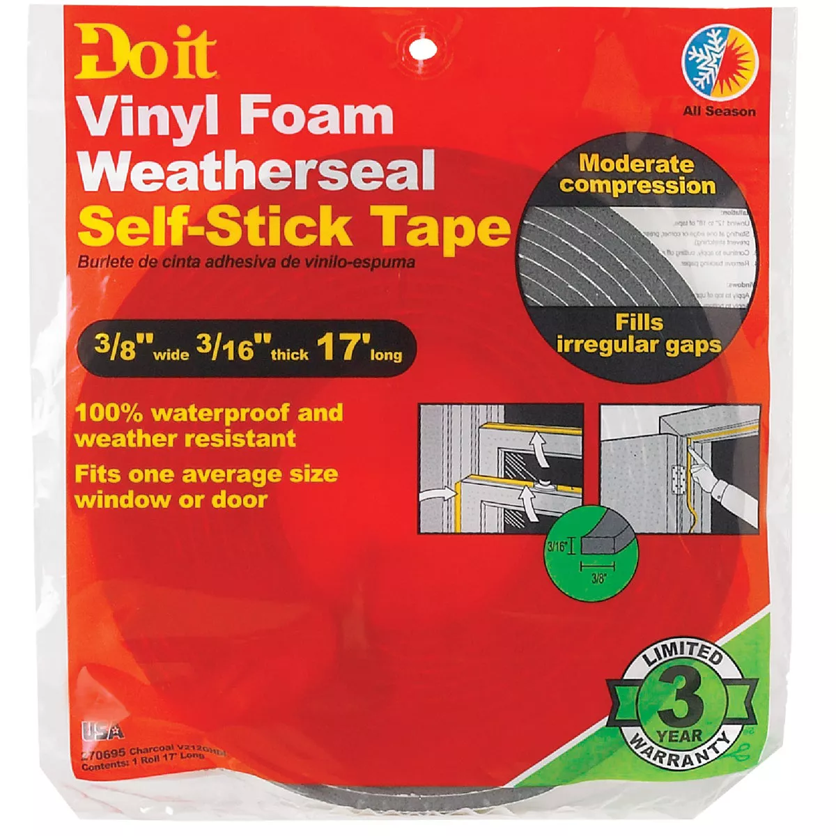 Do it 3/8 In. W x 3/16 In. T x 17 Ft. L Charcoal Vinyl Foam Weatherstrip Tape - photo 2