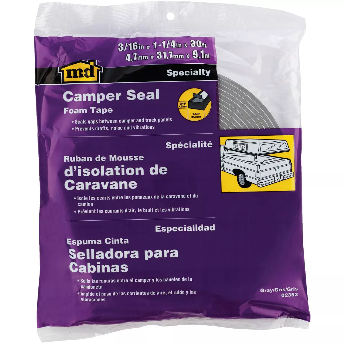 M-D Building Products 30 Ft. Gray Foam Tape Camper Seal for Camper Shells