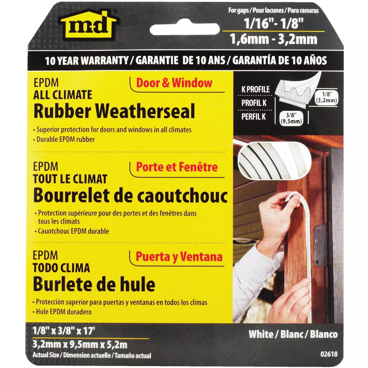 M-D Building Products 1/8 In. x 3/8 In. x 17 Ft. White Premium Rubber Window Seal for Ex-Small Gaps