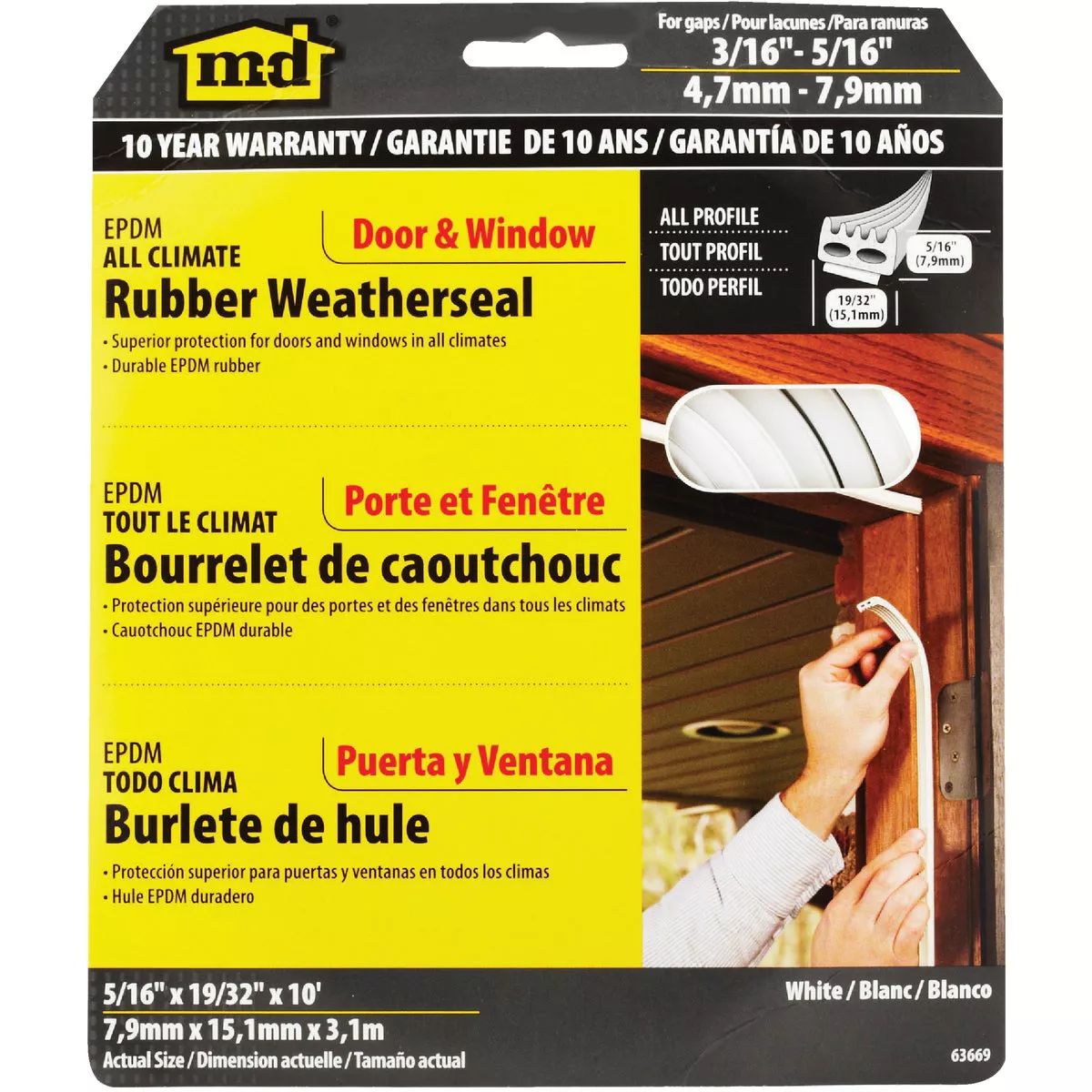 M-D Building Products 5/16 In. x 19/32 In. x 10 Ft. White Premium Rubber Window Seal for Large Gaps