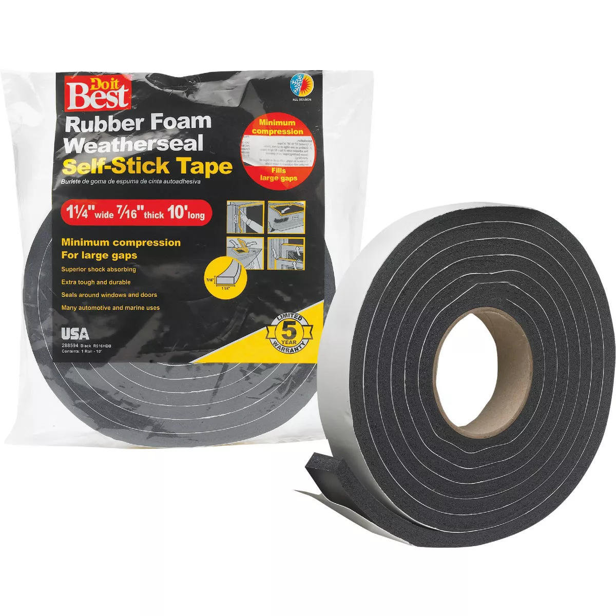 Do it Best 1-1/4 In. W x 7/16 In. T x 10 Ft. L Black Rubber Foam Weatherstrip Tape