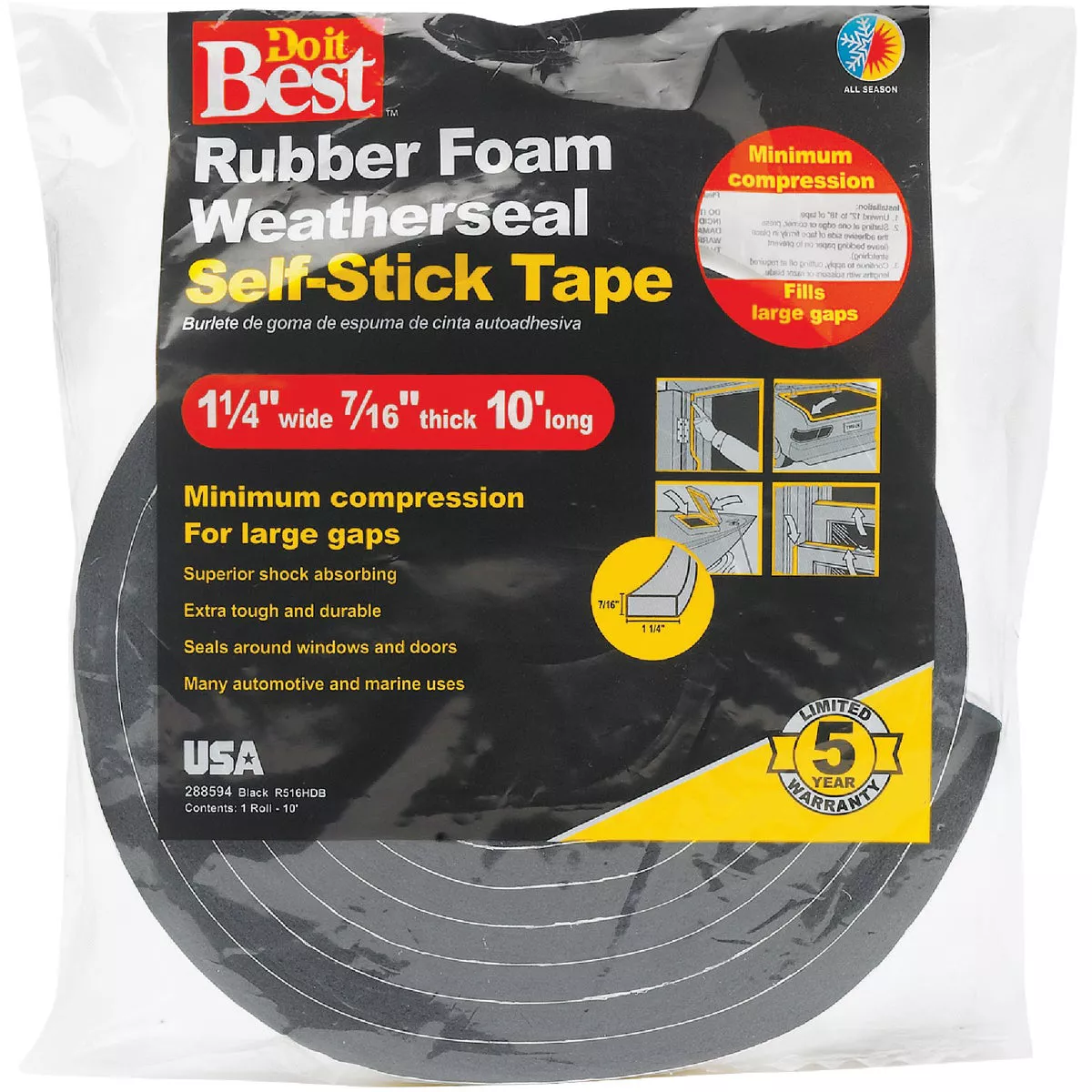 Do it Best 1-1/4 In. W x 7/16 In. T x 10 Ft. L Black Rubber Foam Weatherstrip Tape - photo 2