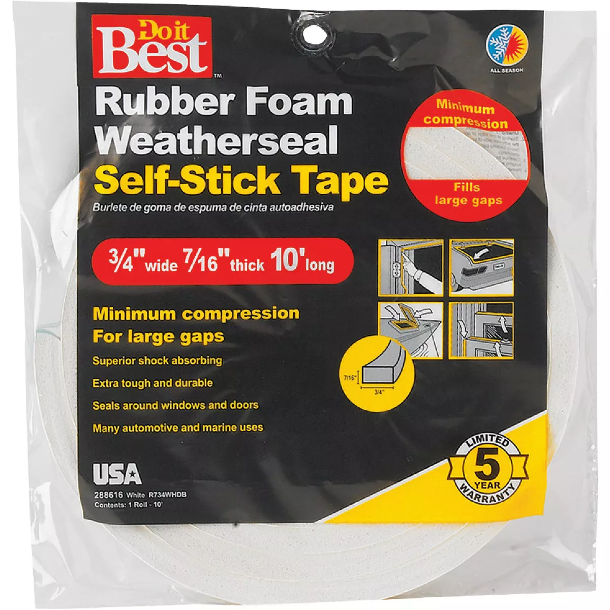 Do it Best 3/4 In. W x 7/16 In. T x 10 Ft. L White Rubber Foam Weatherstrip Tape - photo 2