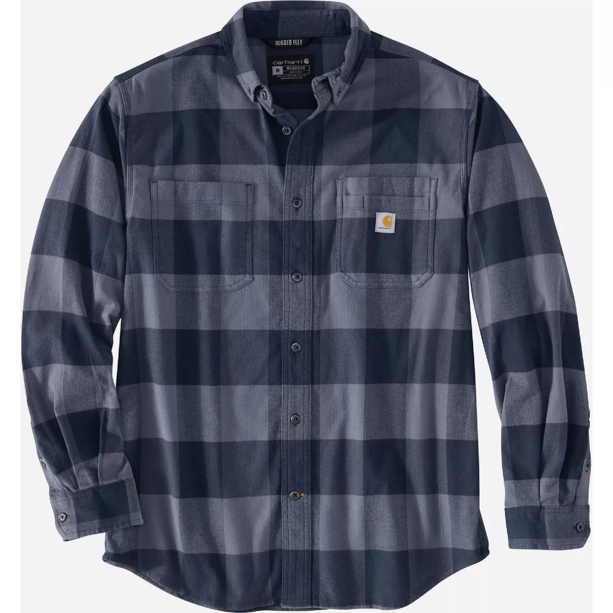 Carhartt Rugged Flex Men's Medium Regular Navy Long Sleeve Midweight Flannel Plaid Button Down Shirt, Relaxed Fit-