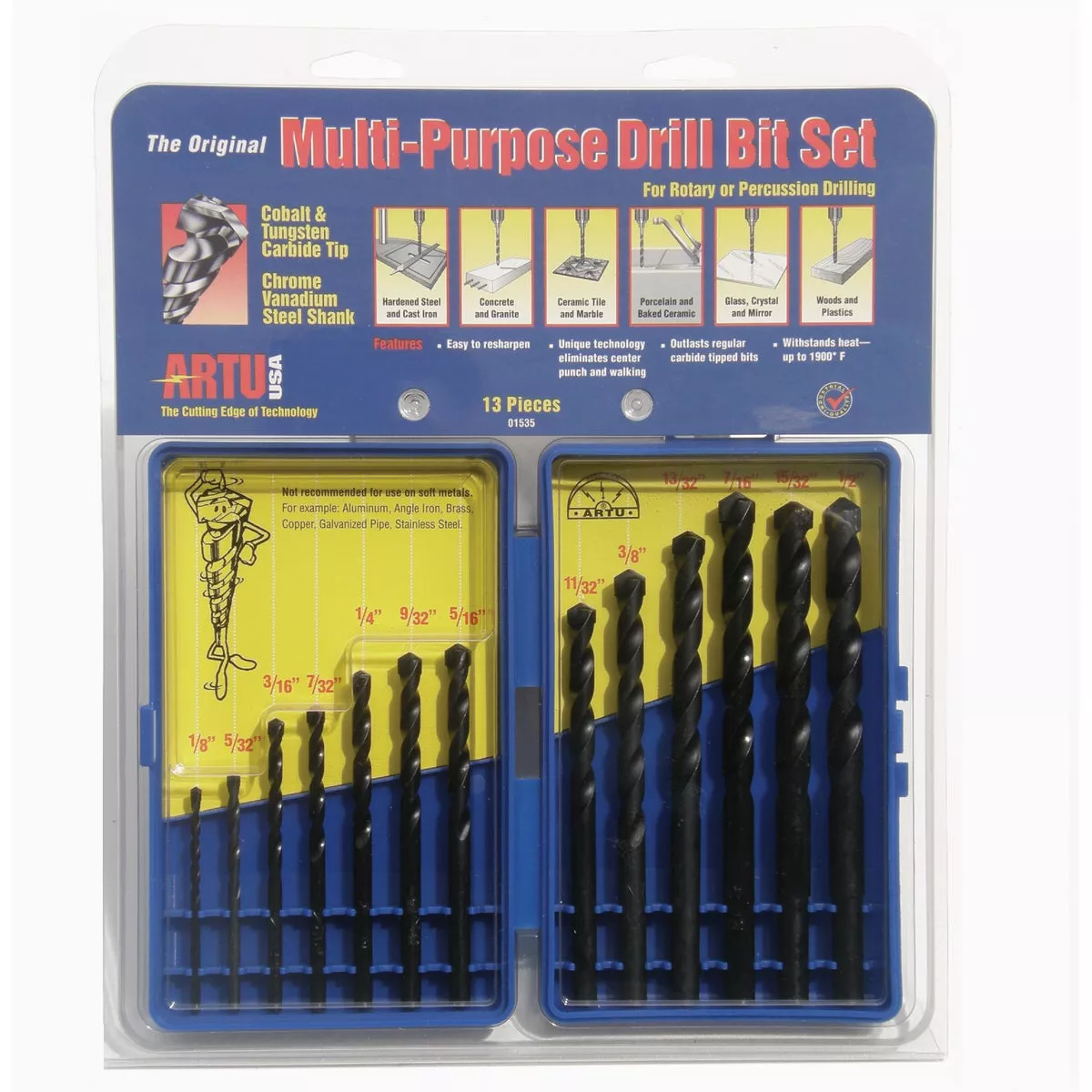 ARTU 13-Piece Cobalt & Tungsten Multi-Purpose Drill Bit Set, 1/8 In. thru 1/2 In.