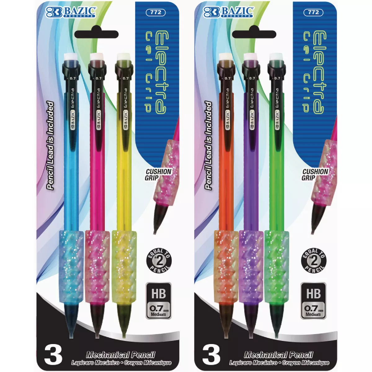 Bazic Products Electra 0.7 mm Fashion Color Mechanical Pencil with Gel Grip (3-Pack)