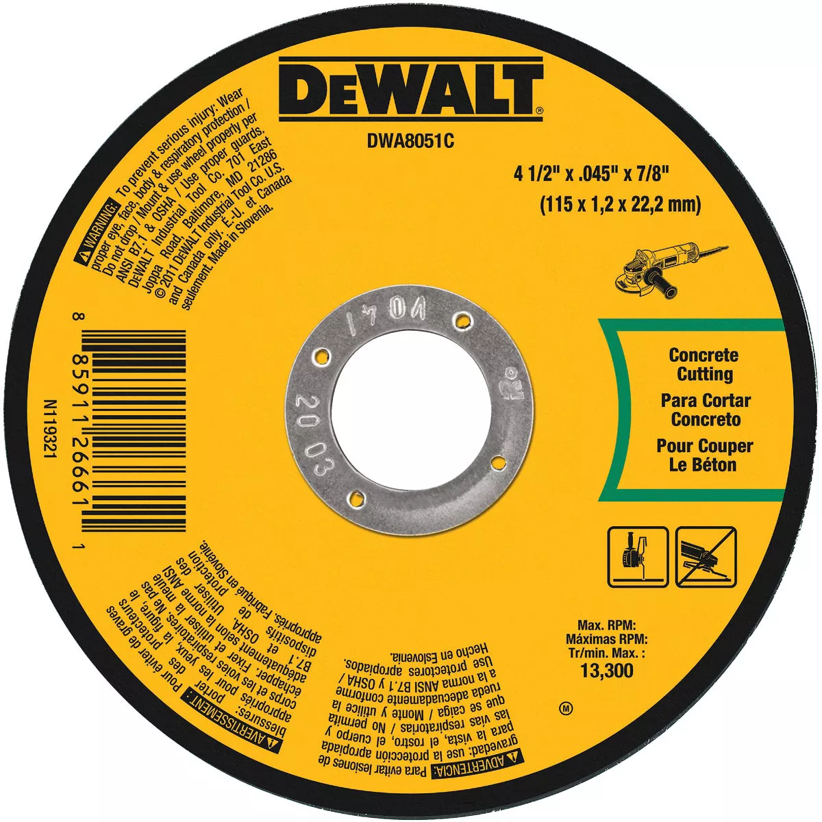 DEWALT Type 1 4-1/2 In. x 0.045 In. x 7/8 In. Masonry Cut-Off Wheel