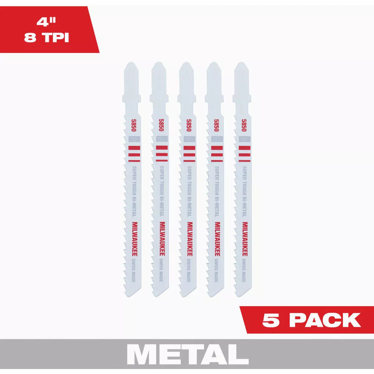 Milwaukee T-Shank 4 In. x 8 TPI Bi-Metal Jig Saw Blade, Metal Cutting (5-Pack)