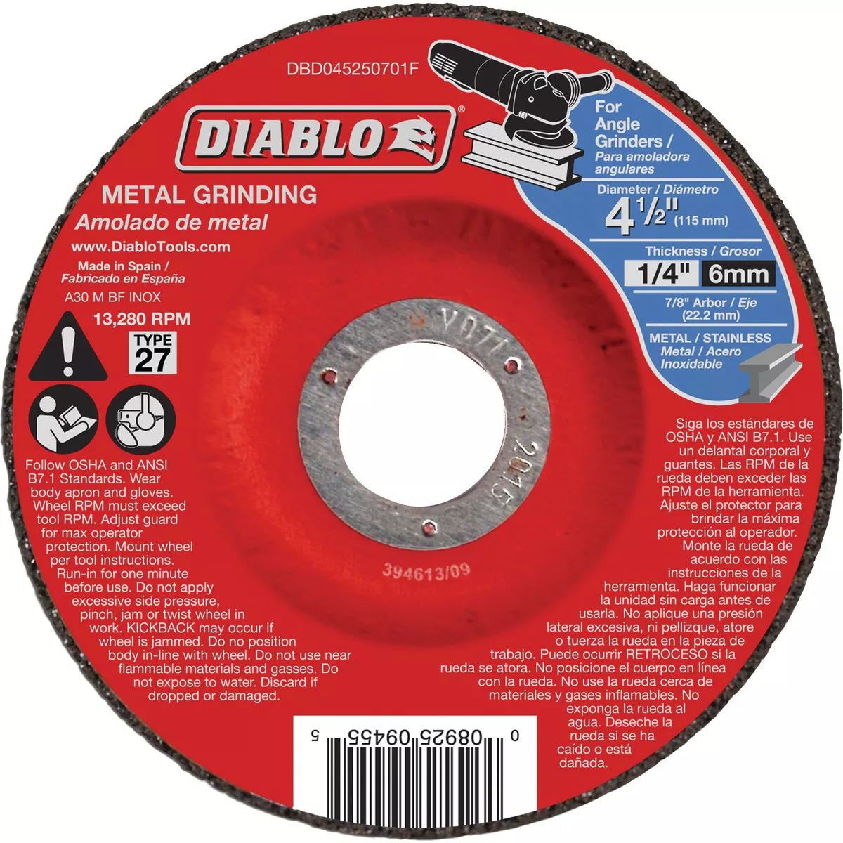 Diablo Type 27 4-1/2 In. x 1/4 In. x 7/8 In. Metal Grinding Cut-Off Wheel