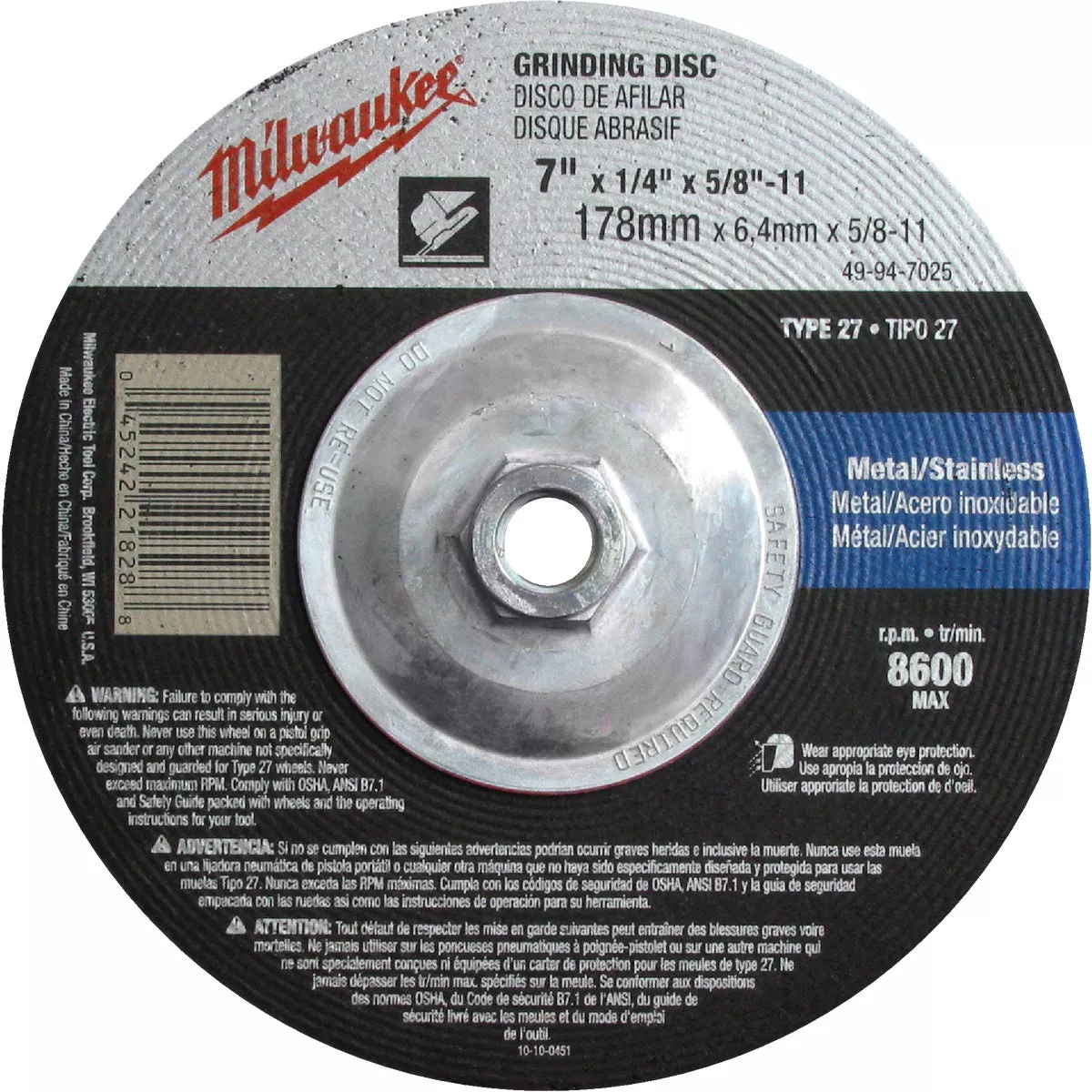 Milwaukee Type 27 7 In. x 1/4 In. x 5/8 In.-11 Metal/Stainless Grinding Cut-Off Wheel