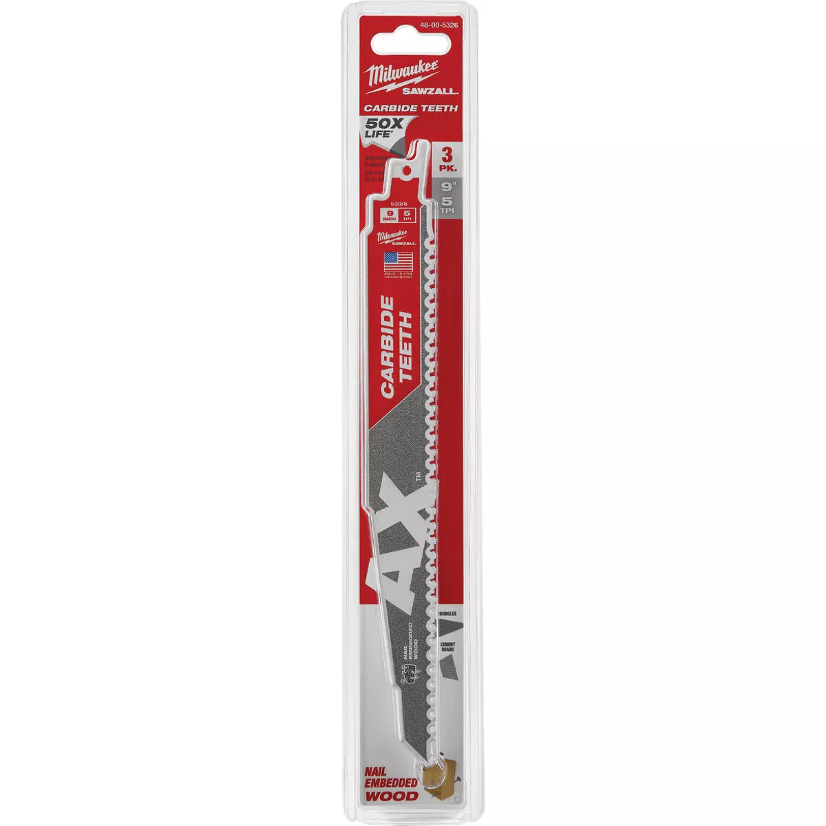 Milwaukee SAWZALL The AX 9 In. 5 TPI Wood w/Nails Demolition Reciprocating Saw Blade with Carbide Teeth (3-Pack)