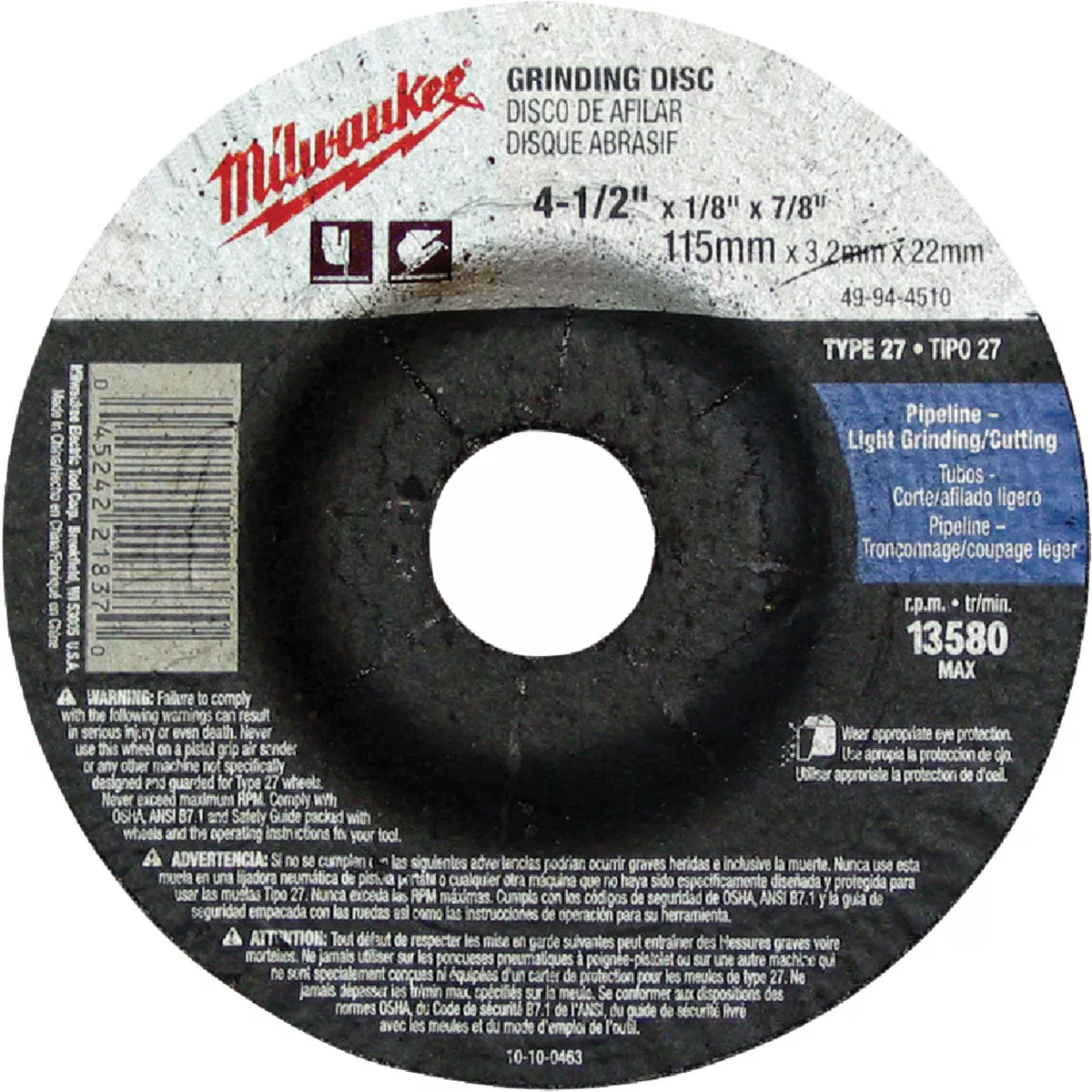 Milwaukee Type 27 4-1/2 In. x 1/8 In. x 7/8 In. Pipeline-Cutting/Grinding Cut-Off Wheel
