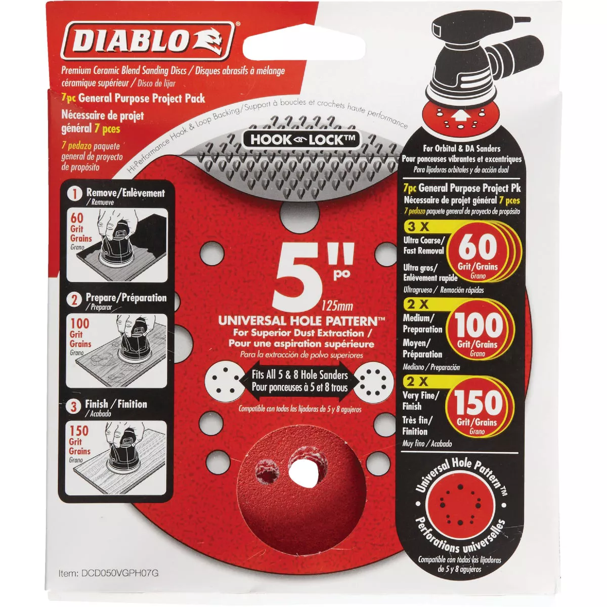 Diablo 5 In. Assorted (60/100/150-Grit) Universal Hole Pattern Vented ...