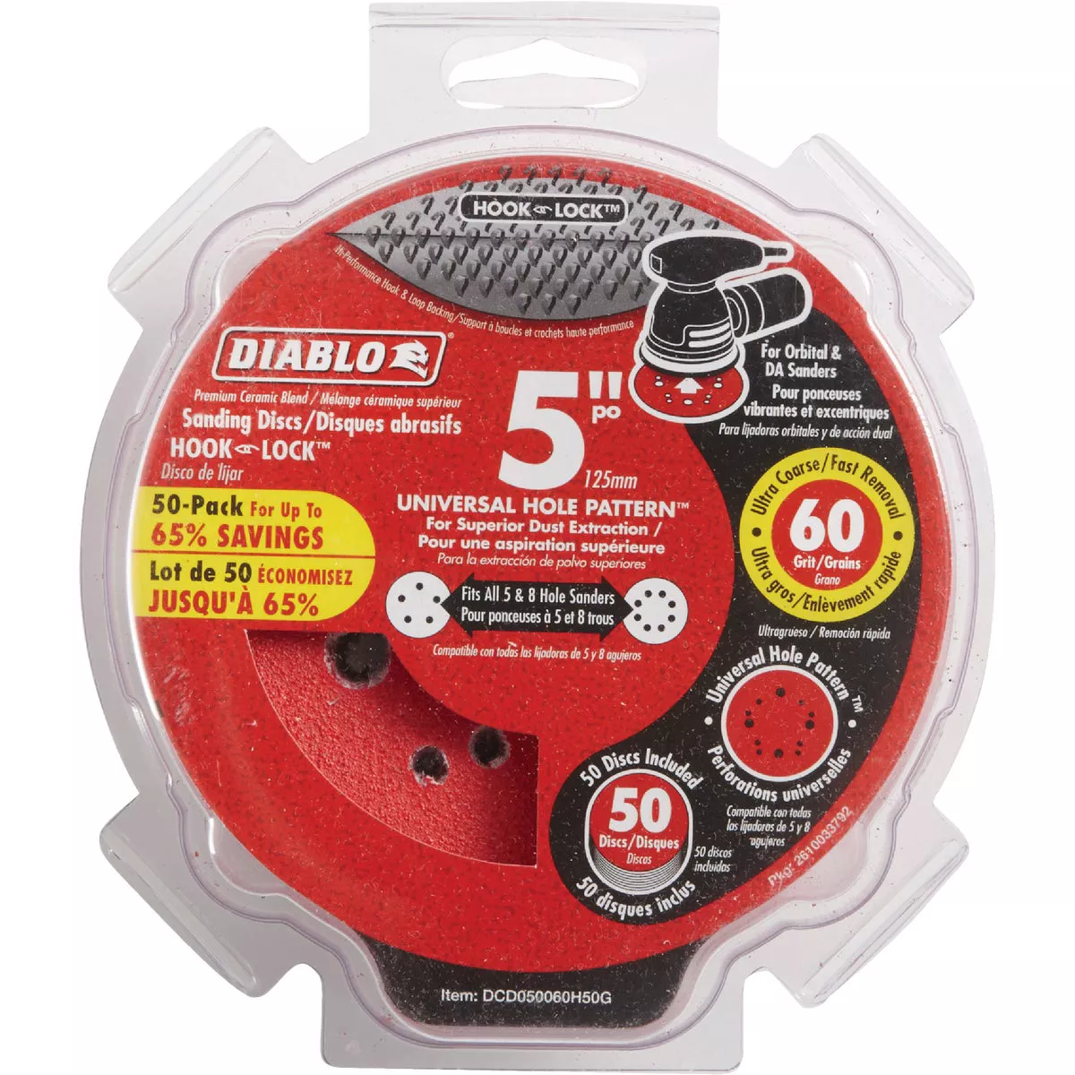 Diablo 5 In. 60-Grit Universal Hole Pattern Vented Sanding Disc with Hook and Lock Backing (50-Pack)