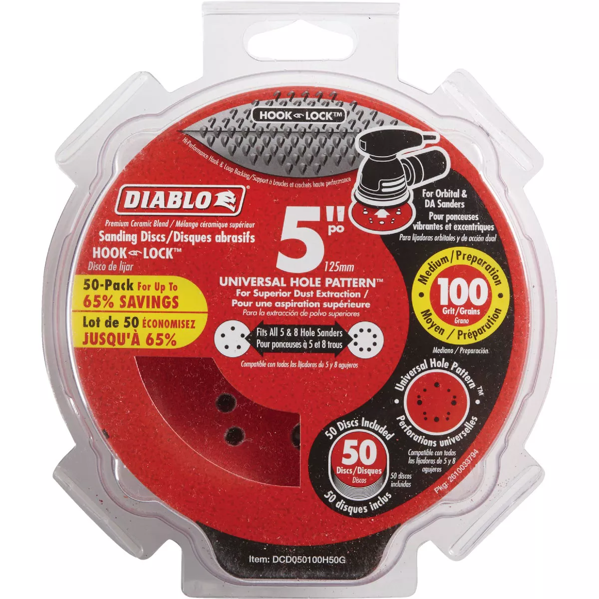 Diablo 5 In. 100-Grit Universal Hole Pattern Vented Sanding Disc with Hook and Lock Backing (50-Pack)